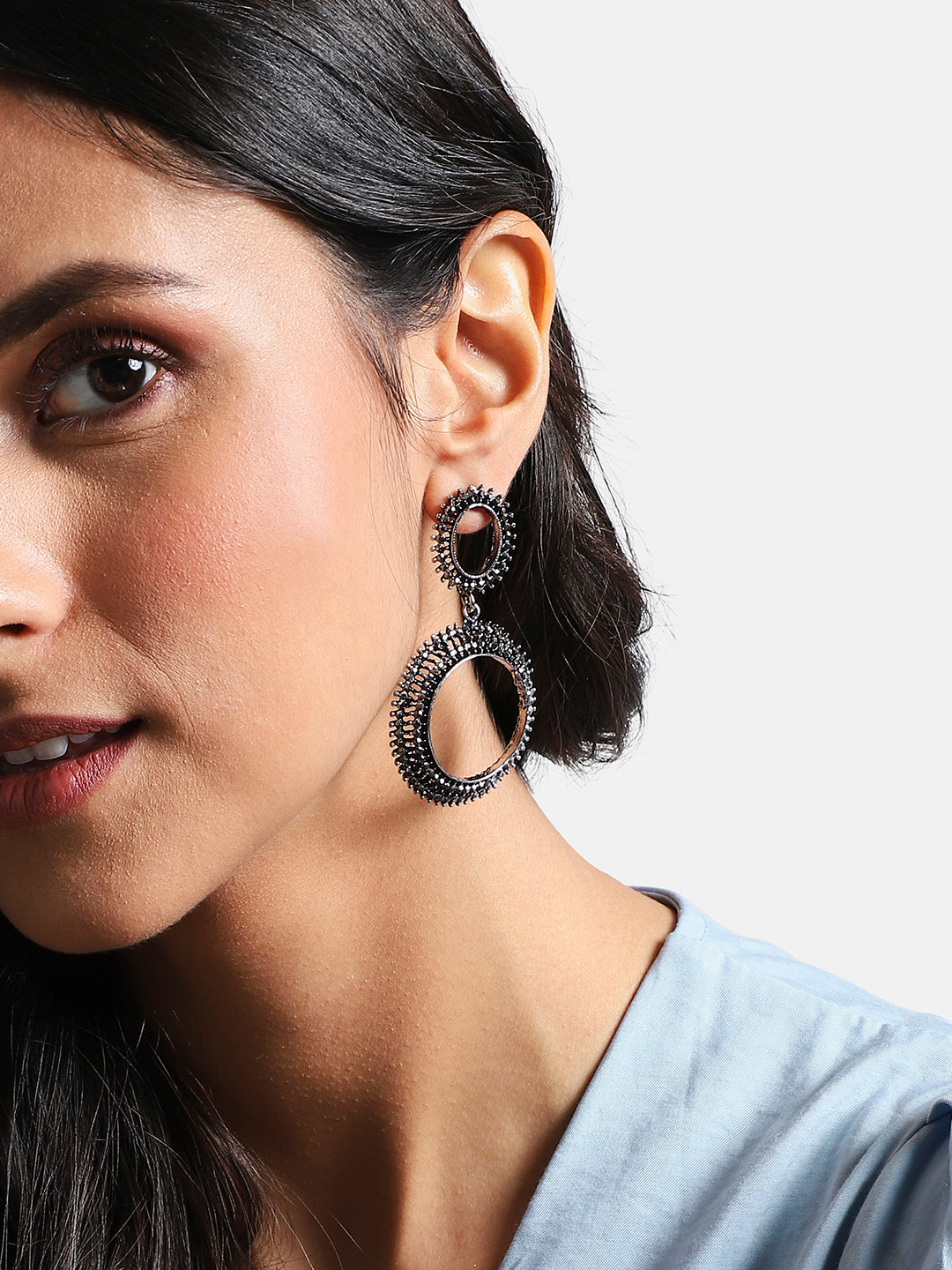 Women Silver Circular Crystal Drop Earringss