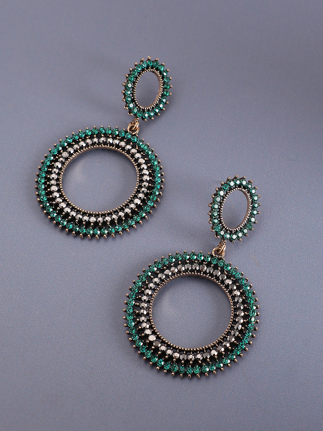 Women Green Circular Crystal Drop Earringss