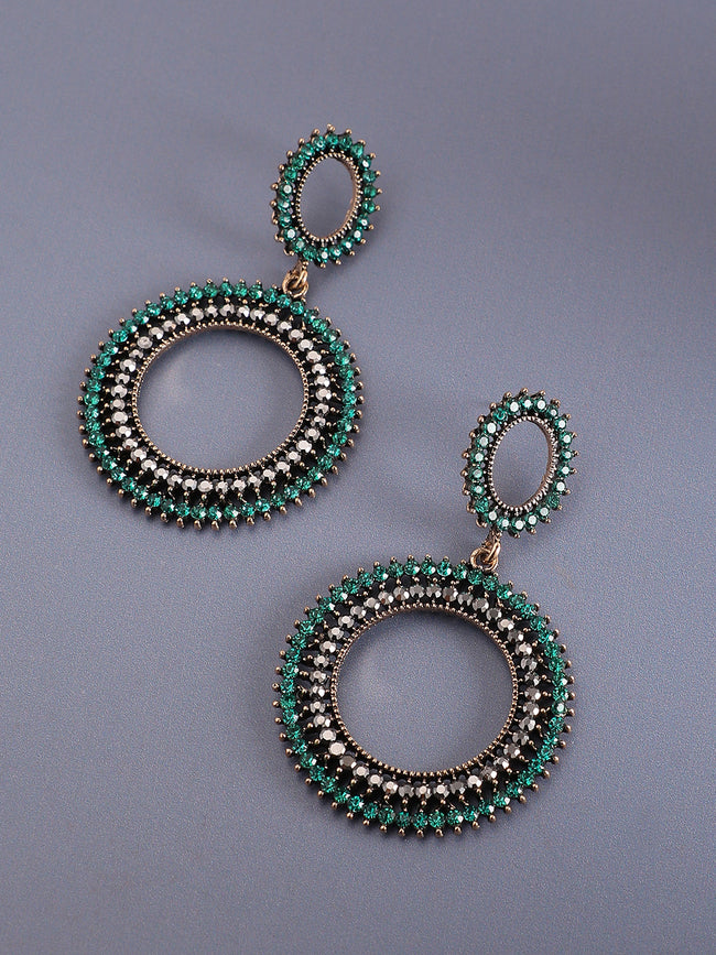 Women Green Circular Crystal Drop Earringss