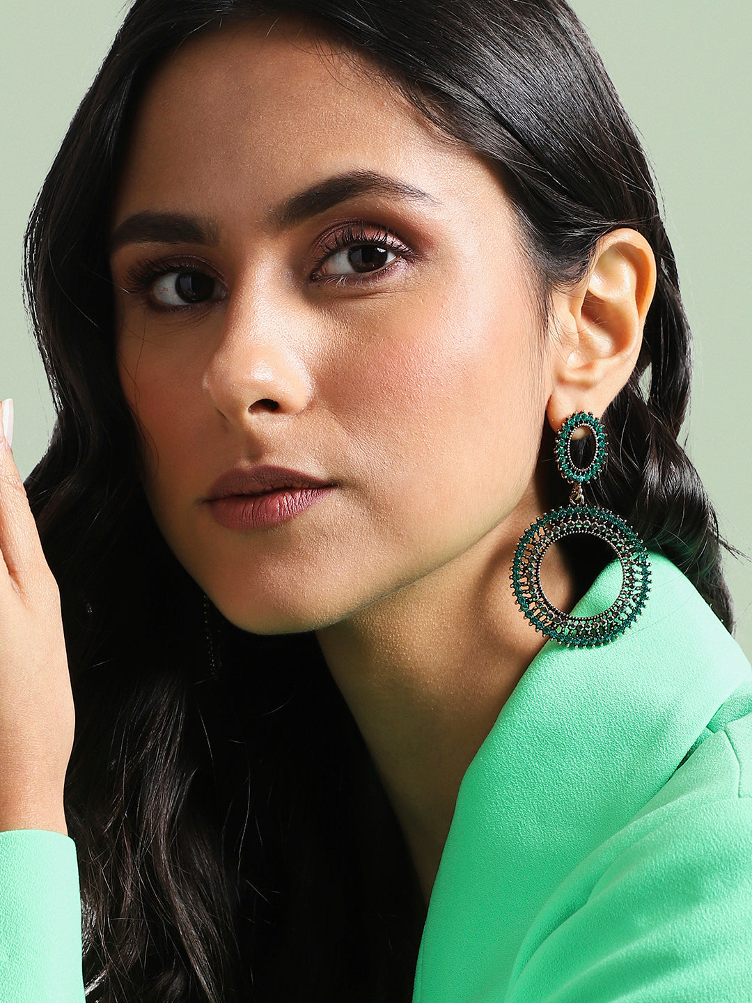 Women Green Circular Crystal Drop Earringss