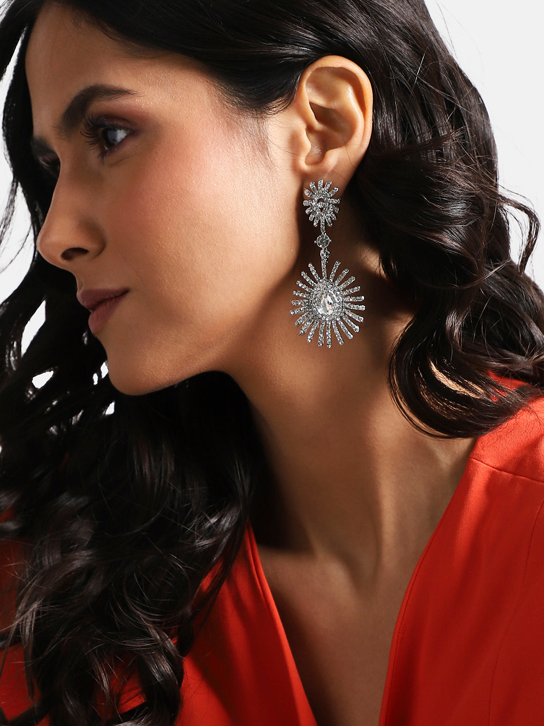 Women Silver Maxi Crystal Drop Earringss