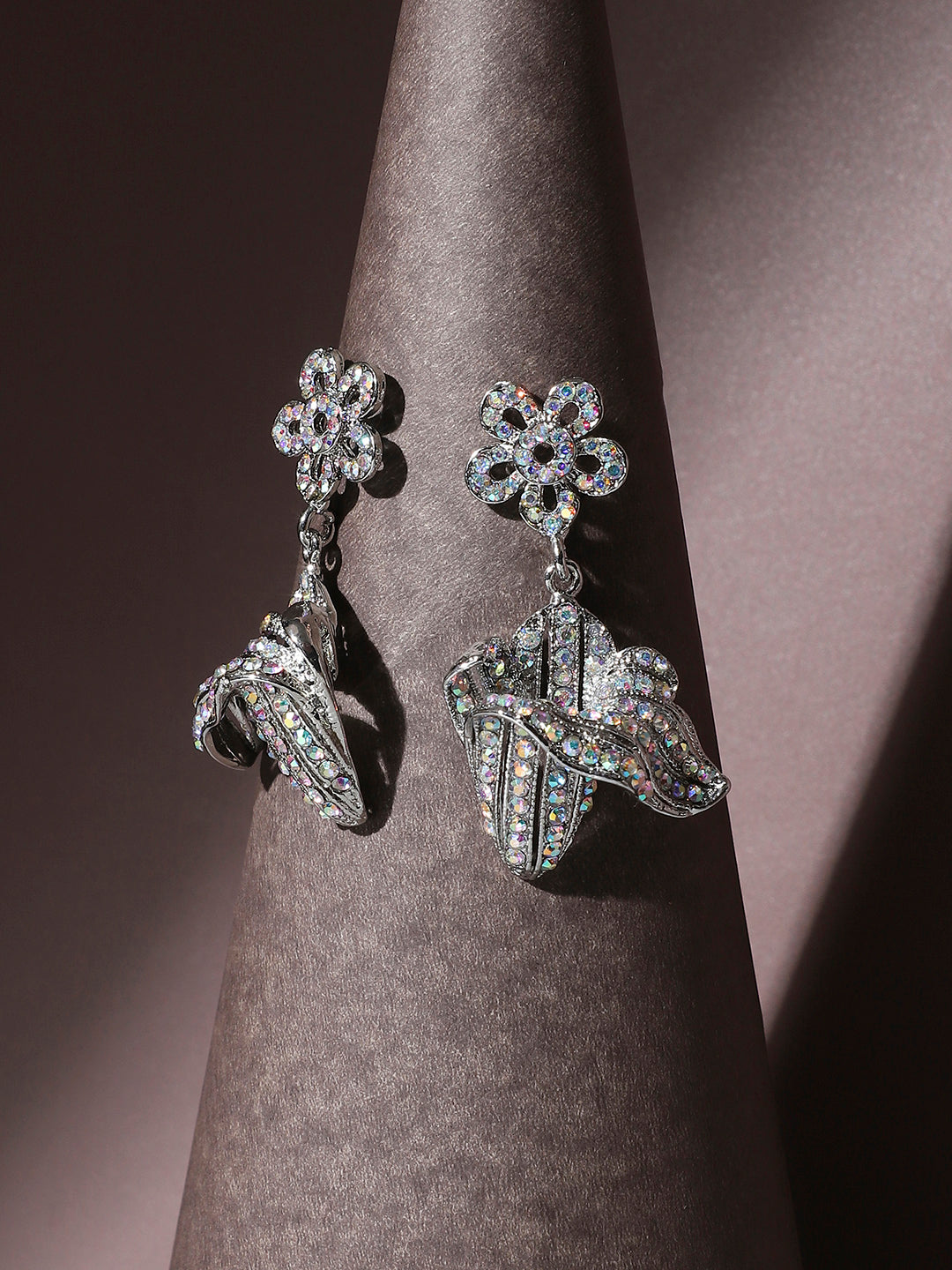 Women Silver Rhinestone Flower Drop Earringss