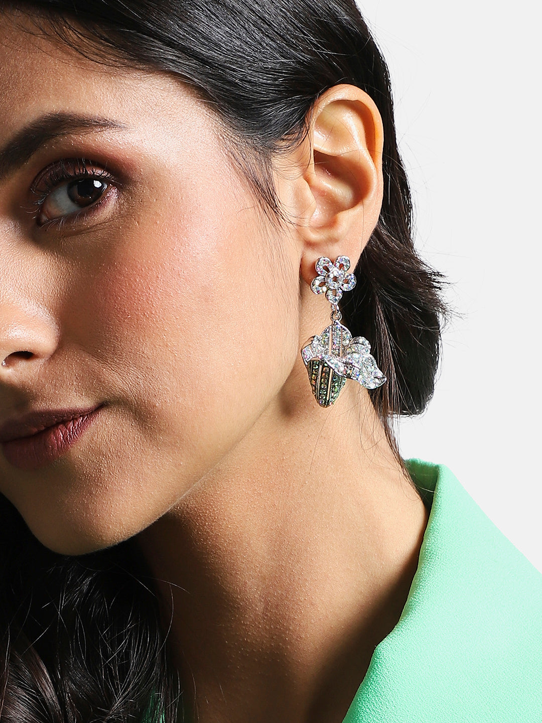 Women Silver Rhinestone Flower Drop Earringss