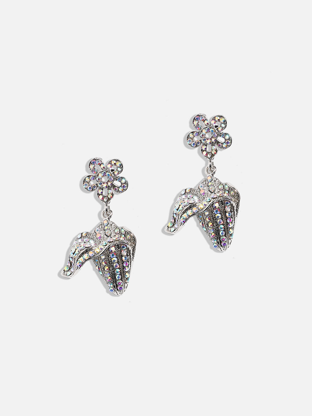 Women Silver Rhinestone Flower Drop Earringss