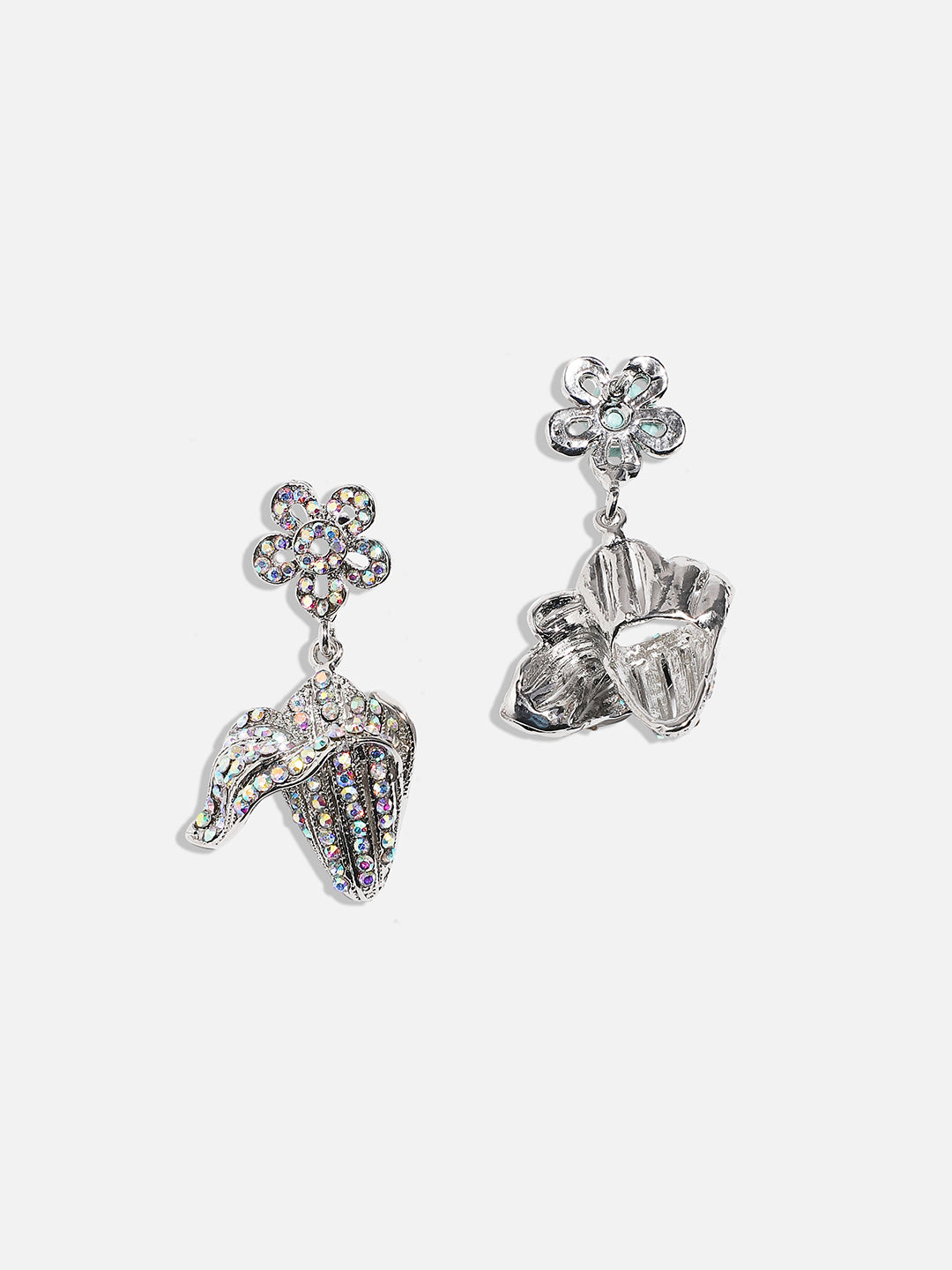 Women Silver Rhinestone Flower Drop Earringss