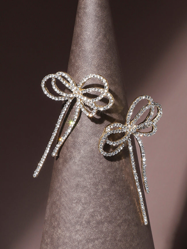 Women Silver Crystal Bow Drop Earringss