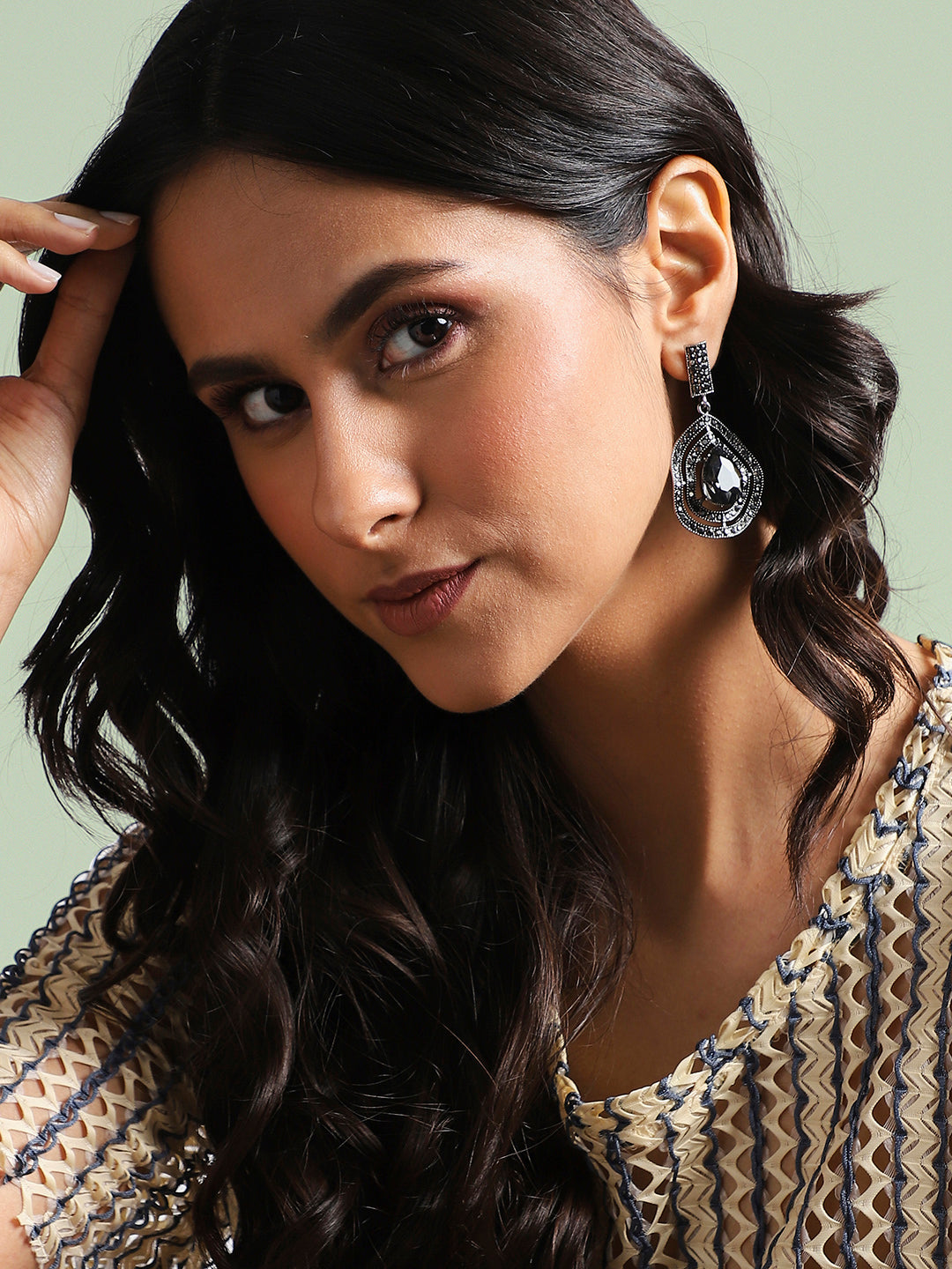 Women Silver Rhinestone Abstract Drop Earringss