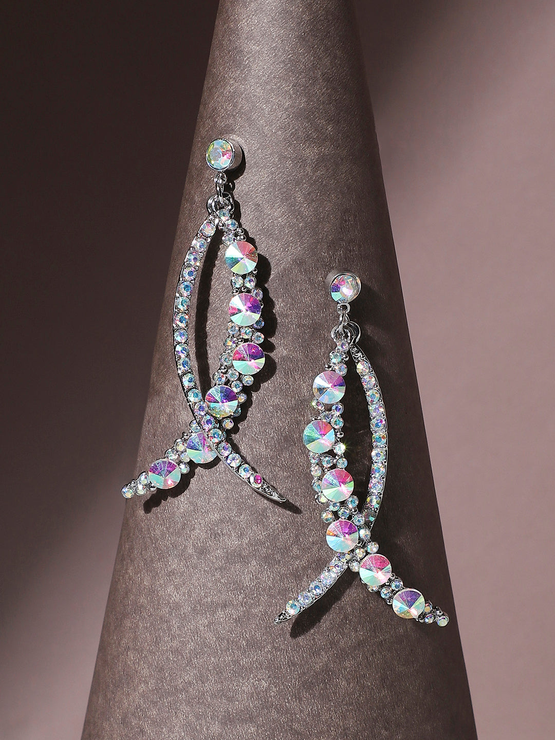 Women Silver Rhinestone Crescent Drop Earringss