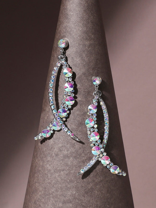 Women Silver Rhinestone Crescent Drop Earringss