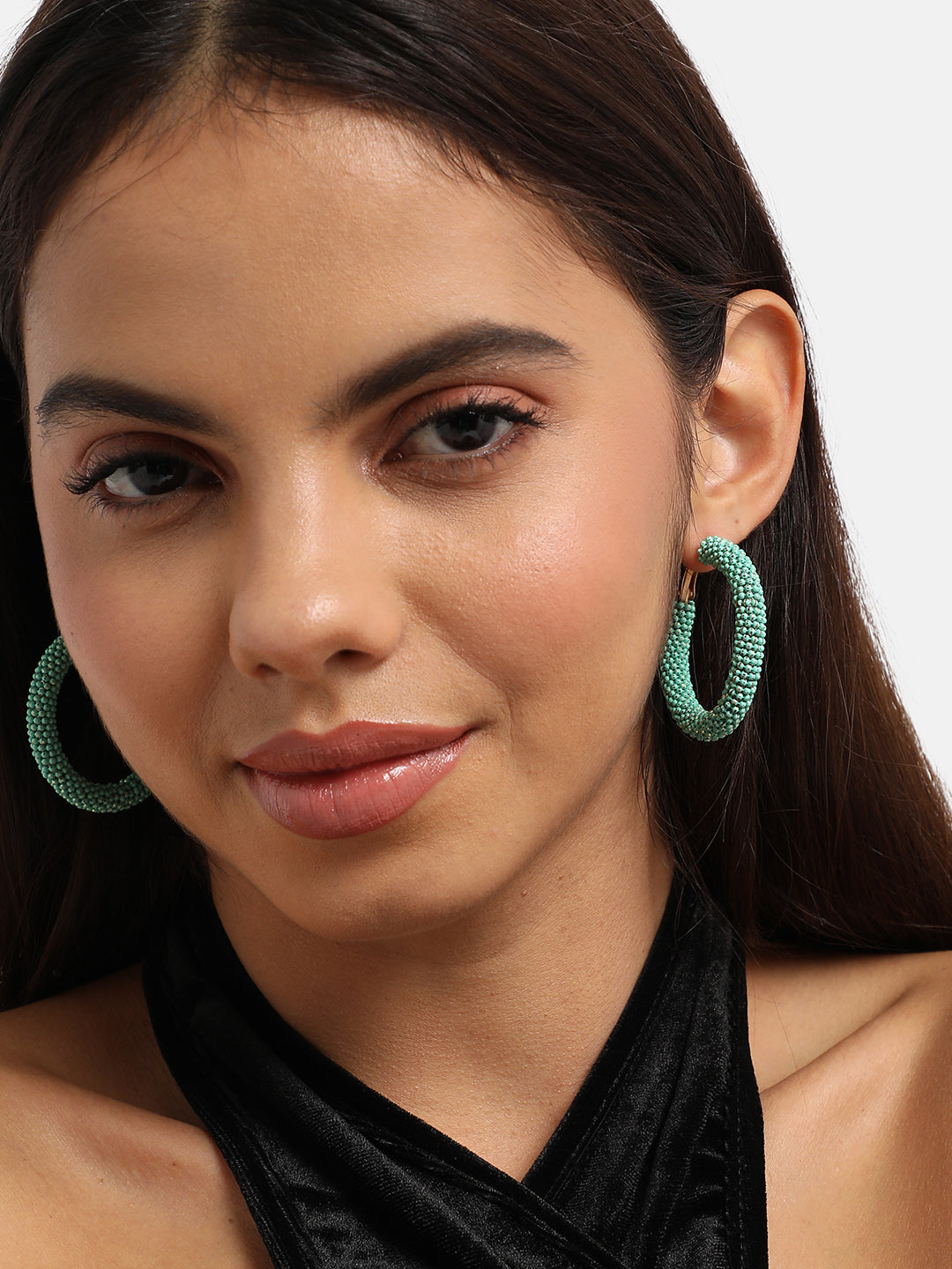 Women Green Beaded Cluster Hoop Earringss