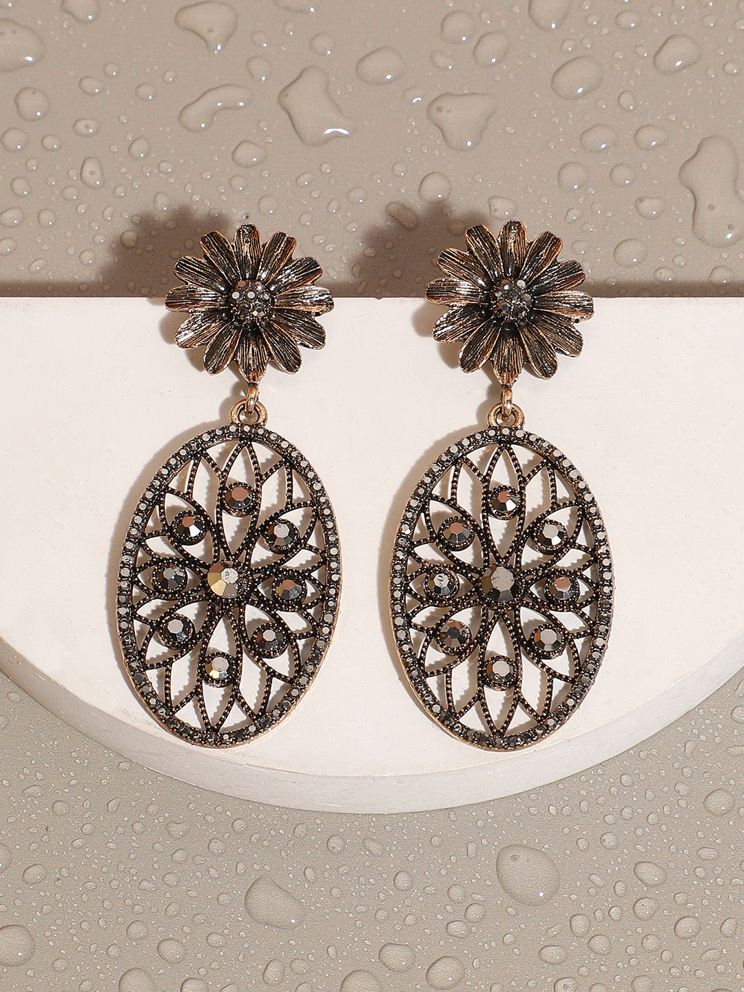 Women Intricate Daisy Oval Drop Earrings