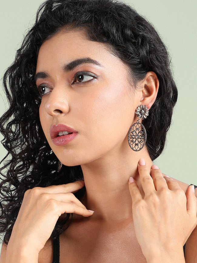 Women Intricate Daisy Oval Drop Earrings