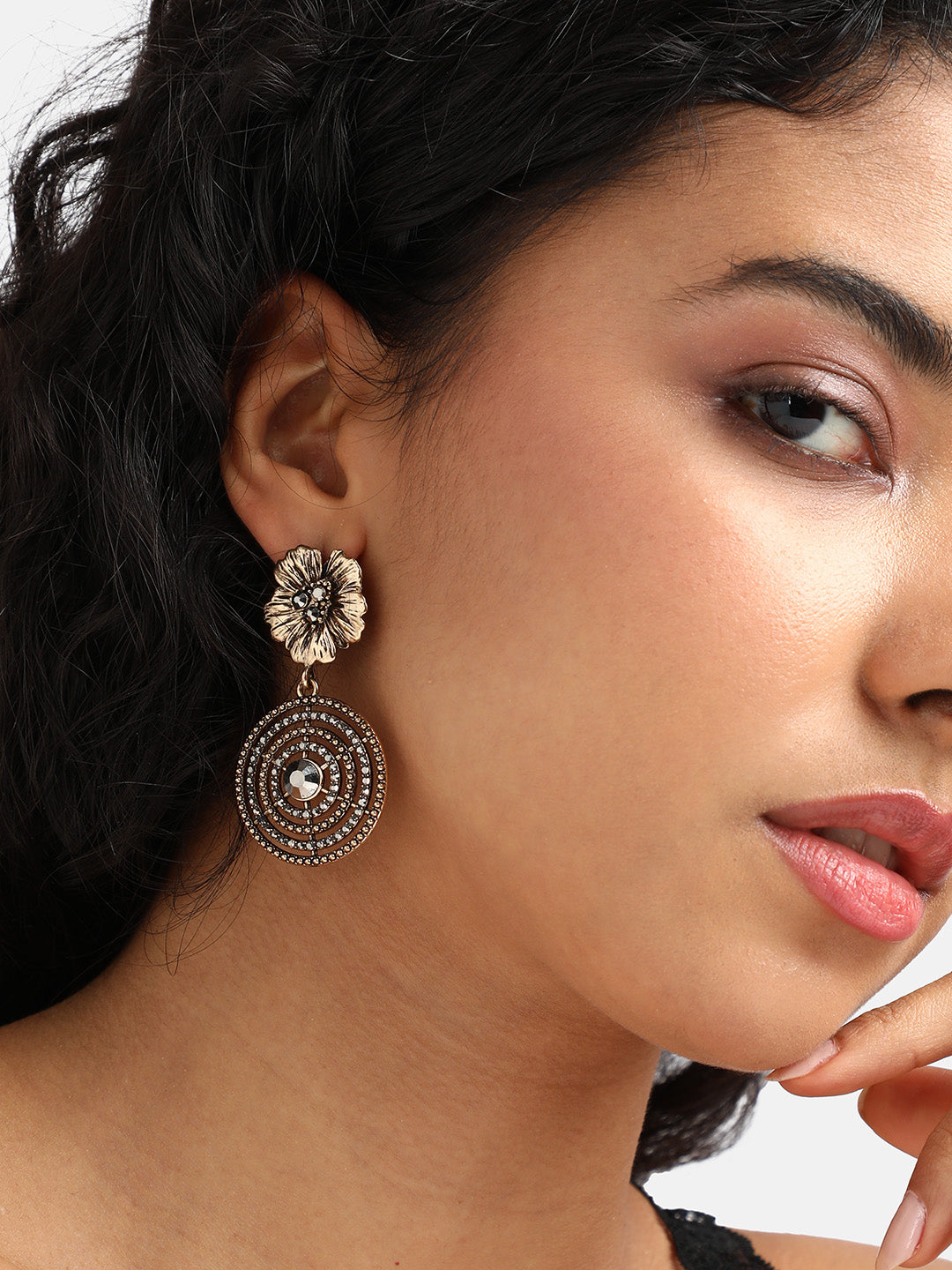Women Crystal Lined Flora Drop Earrings