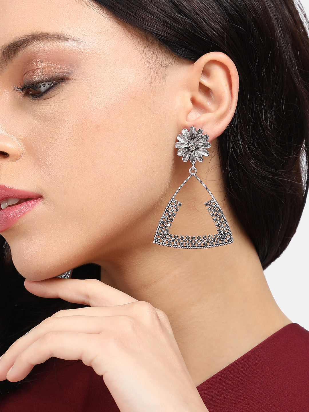 Women Crystal Triangle Daisy Drop Earrings