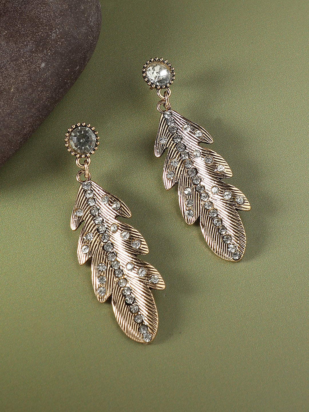 Women Stone Lined Leaf Drop Earringss