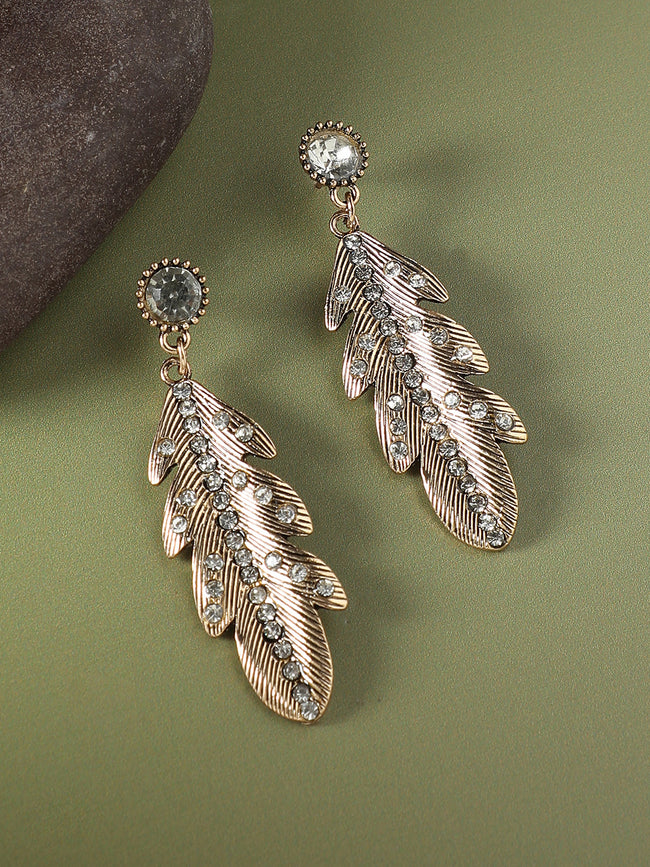 Women Stone Lined Leaf Drop Earringss
