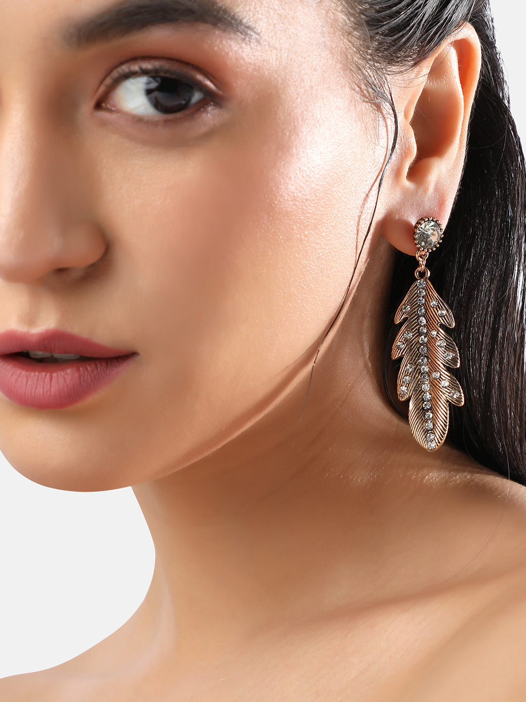 Women Stone Lined Leaf Drop Earringss