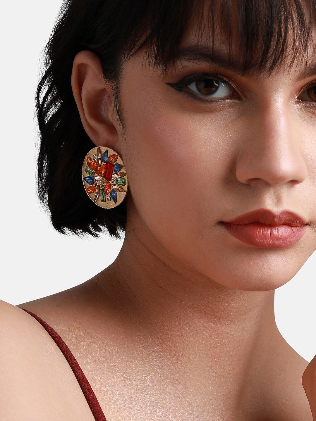 Women Multicolour Circular Crystal Stud Earrings