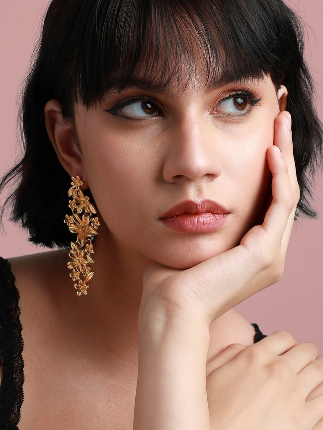 Women Gold Metallic Flora Drop Earrings