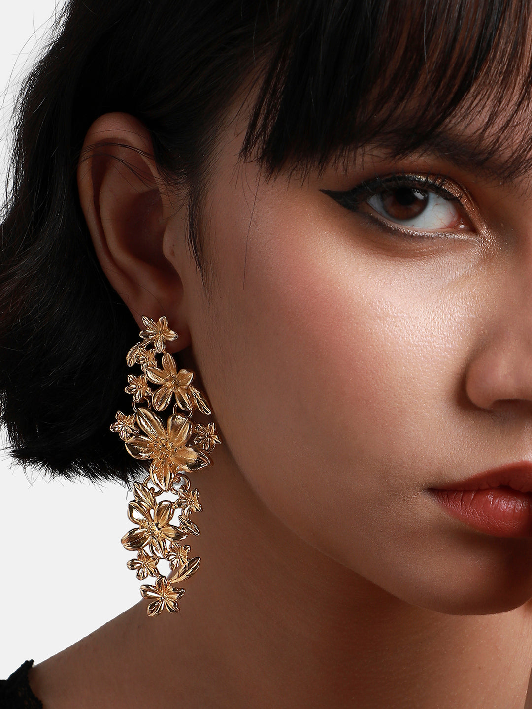 Women Gold Metallic Flora Drop Earrings