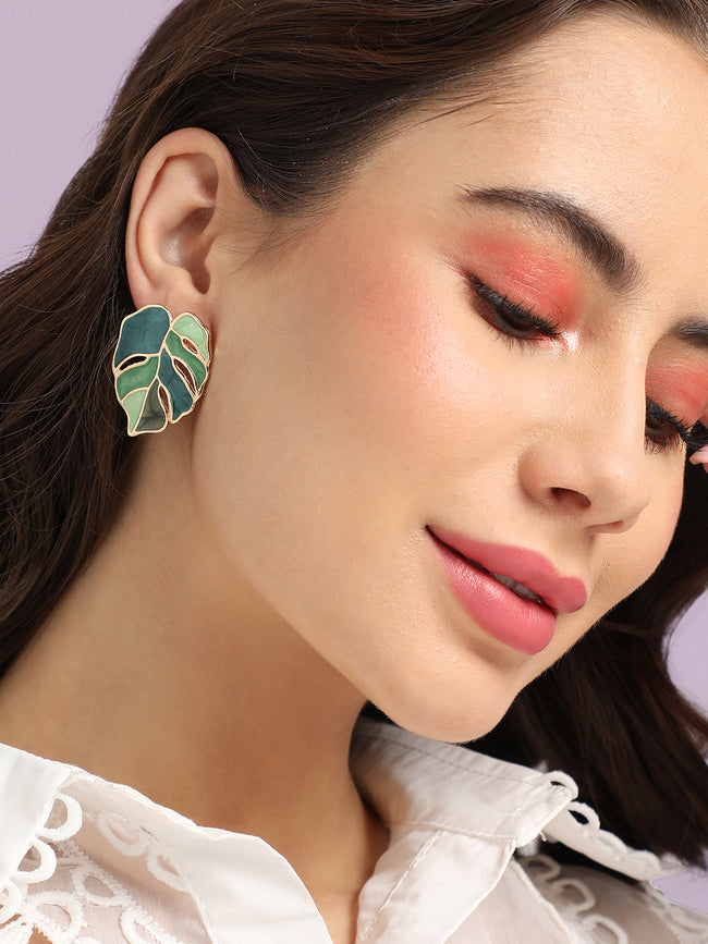 Women Green Leaf Stud Earrings