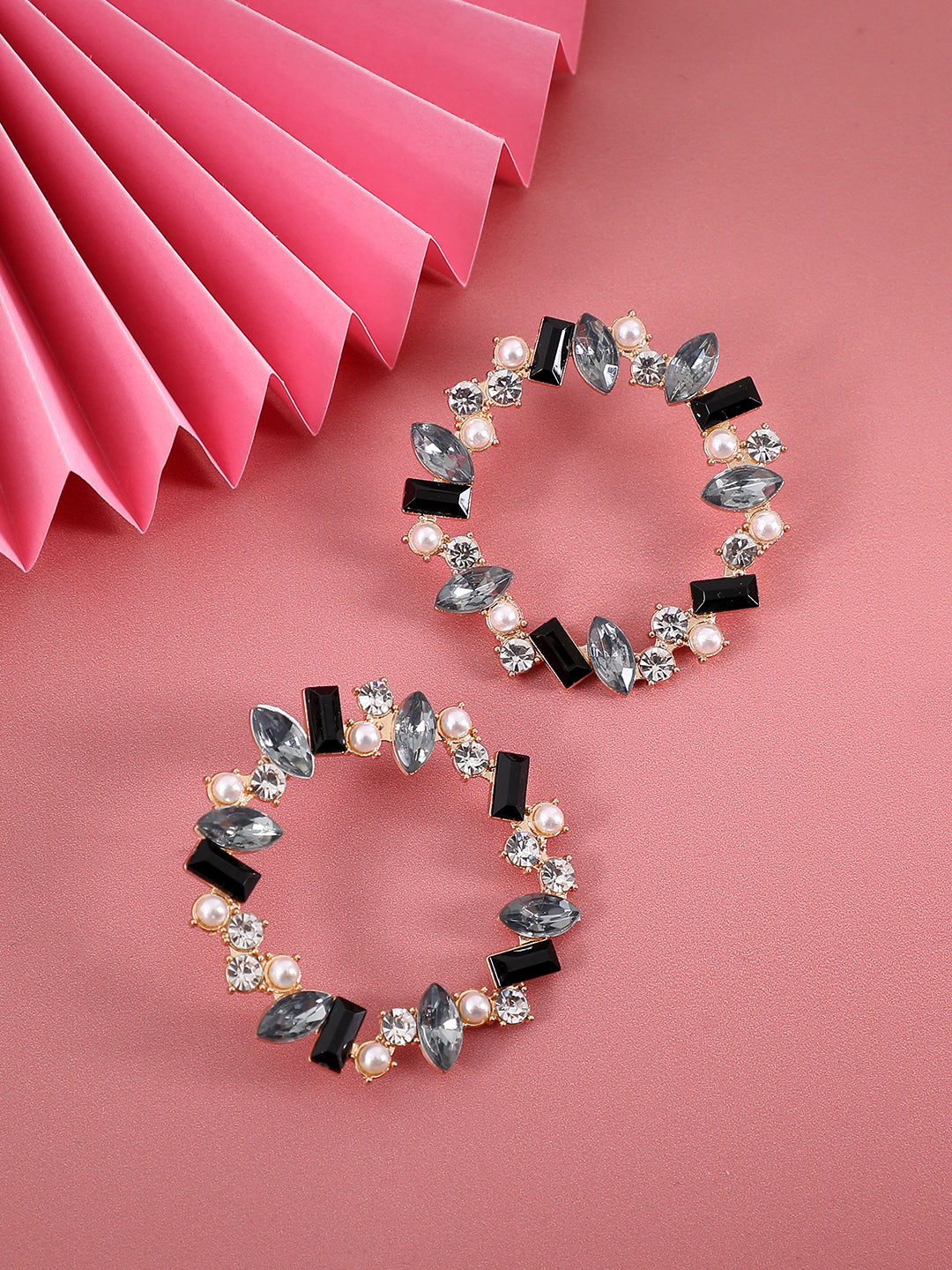 Women Black & Silver Crystal Hoop Earrings