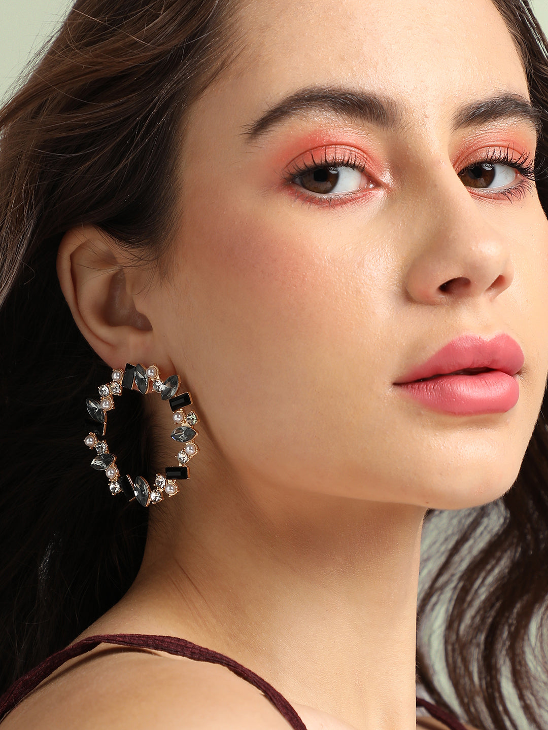Women Black & Silver Crystal Hoop Earrings