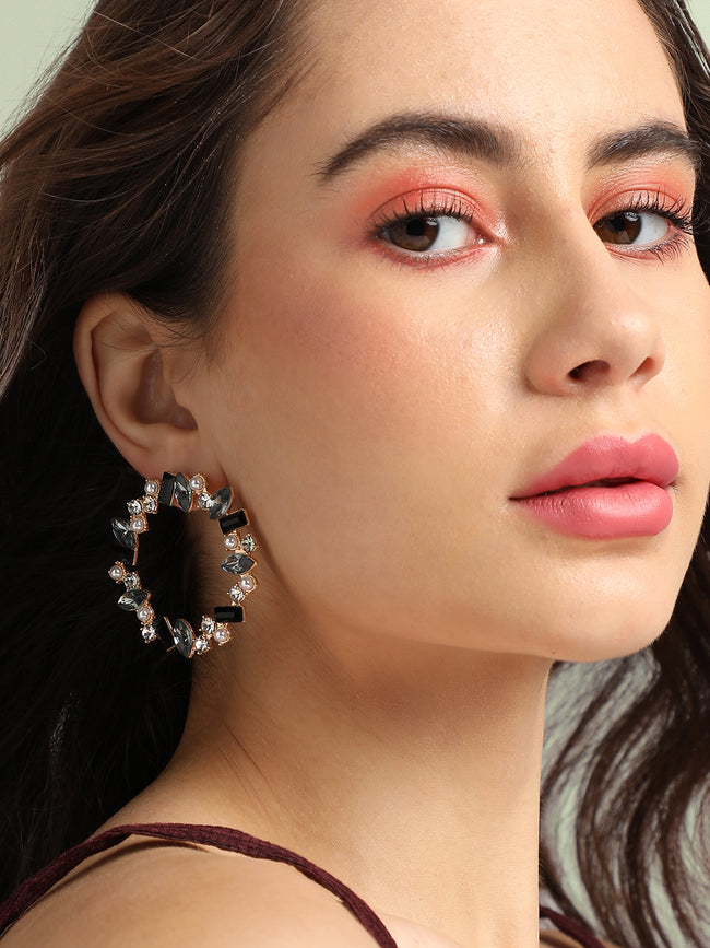Women Black & Silver Crystal Hoop Earrings
