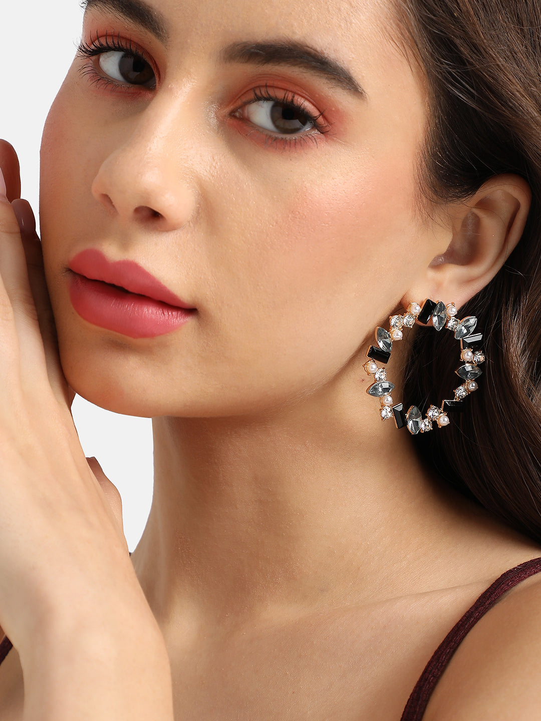 Women Black & Silver Crystal Hoop Earrings