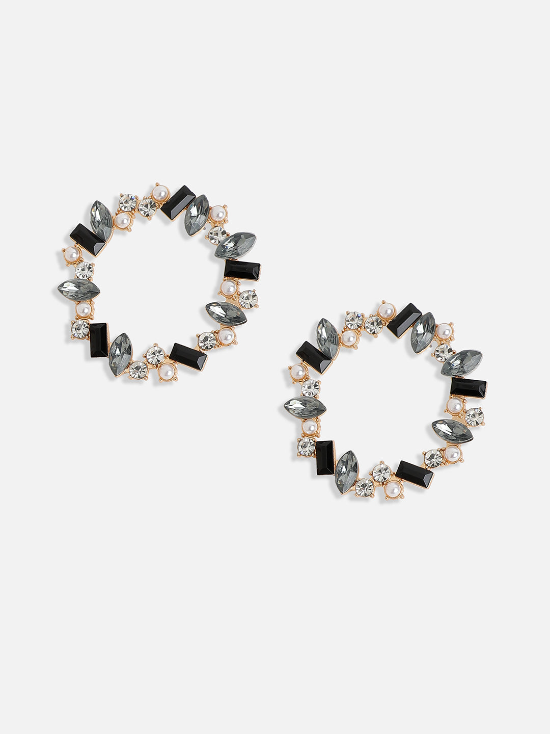 Women Black & Silver Crystal Hoop Earrings