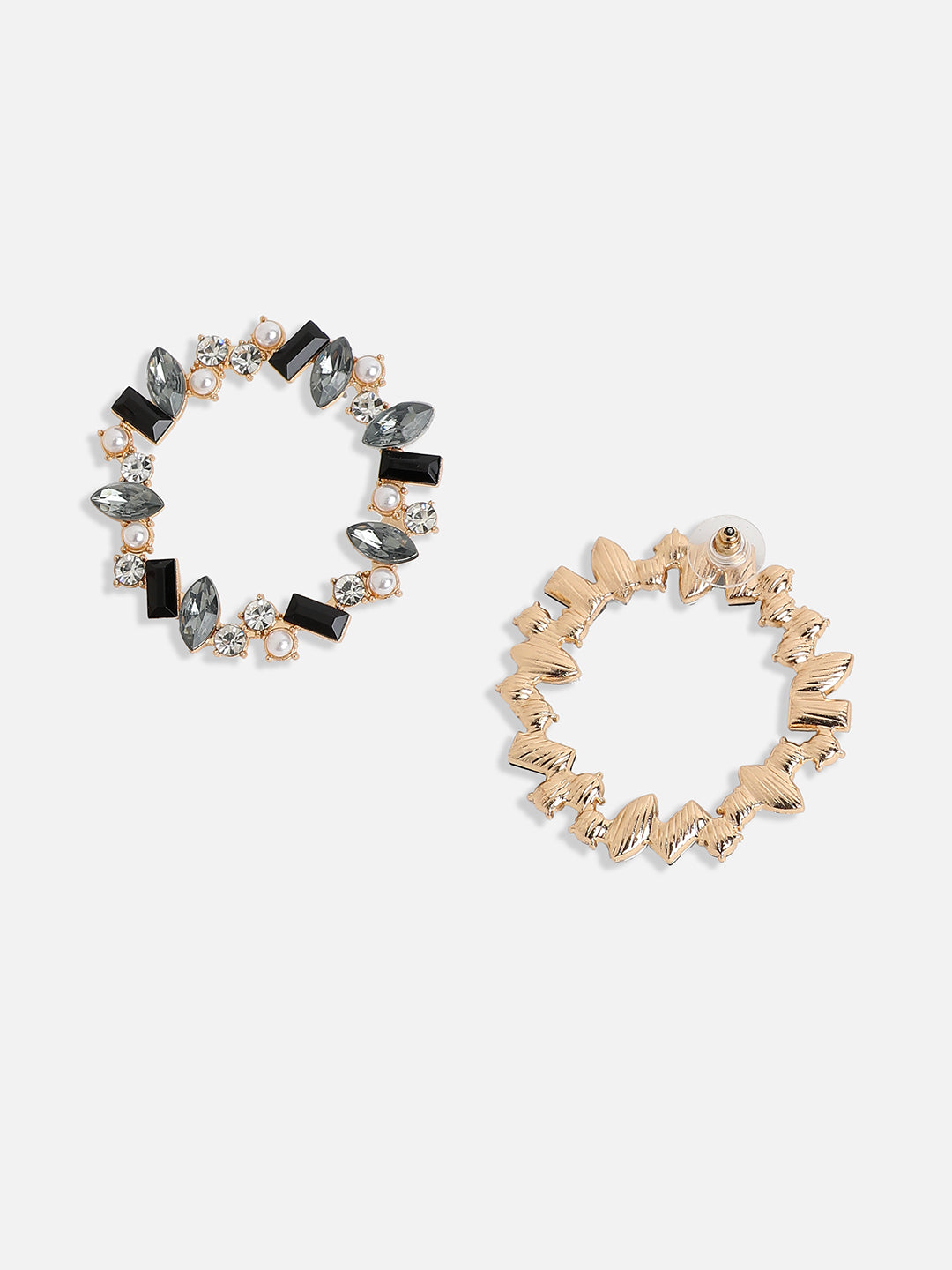 Women Black & Silver Crystal Hoop Earrings