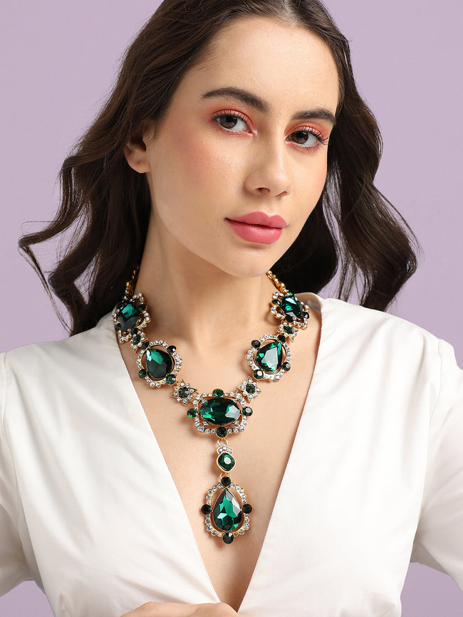 Women Green Metallic Crystal Necklace