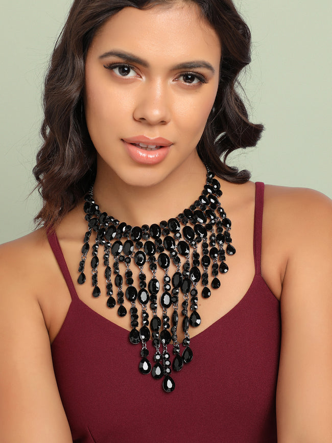 Women Black Maxi Crystal Drop Necklace