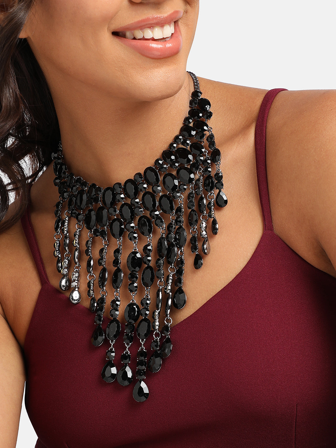 Women Black Maxi Crystal Drop Necklace
