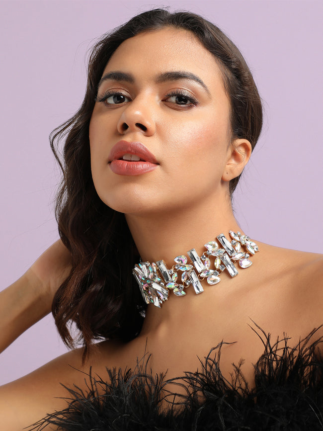 Women Silver Chunky Crystal Choker Necklace