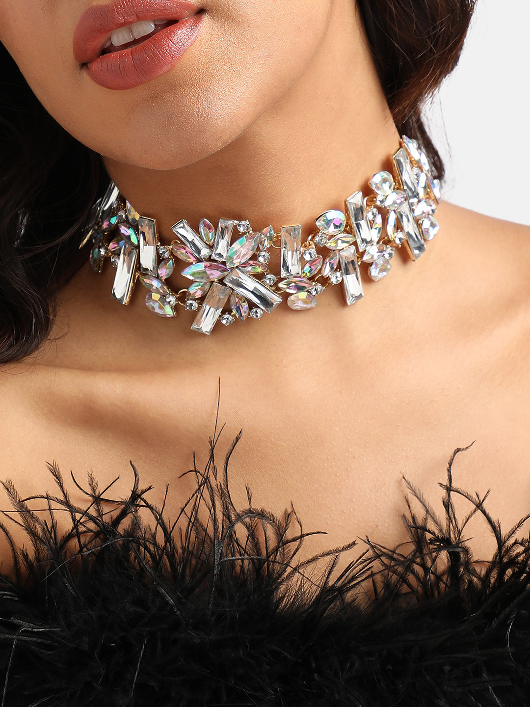 Women Silver Chunky Crystal Choker Necklace