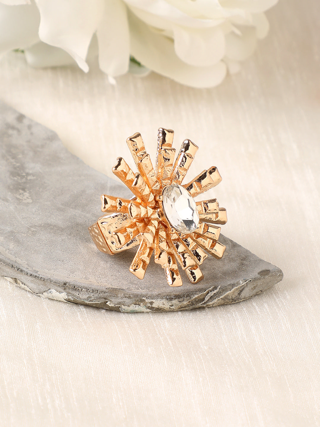 Women Crystal Bud Flower Statement Ring