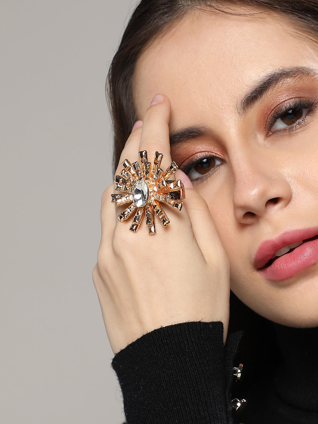 Women Crystal Bud Flower Statement Ring