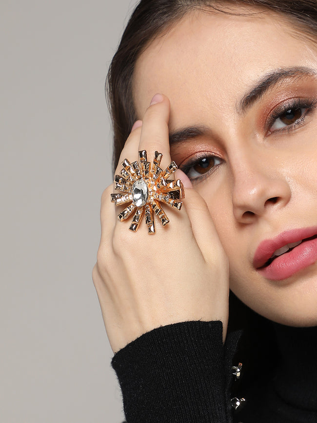 Women Crystal Bud Flower Statement Ring