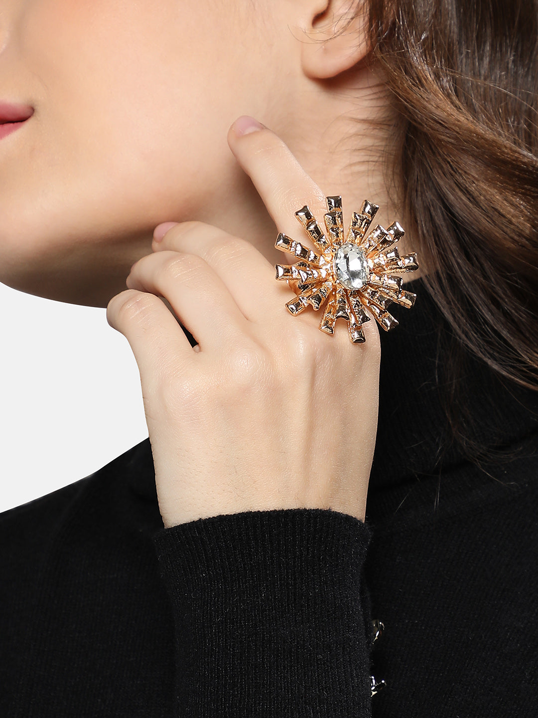 Women Crystal Bud Flower Statement Ring