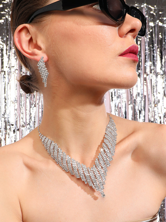 Women Silver Plated Designer Party Necklace and Earring Set
