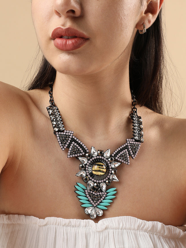 Women Blue chrome plated statement necklace