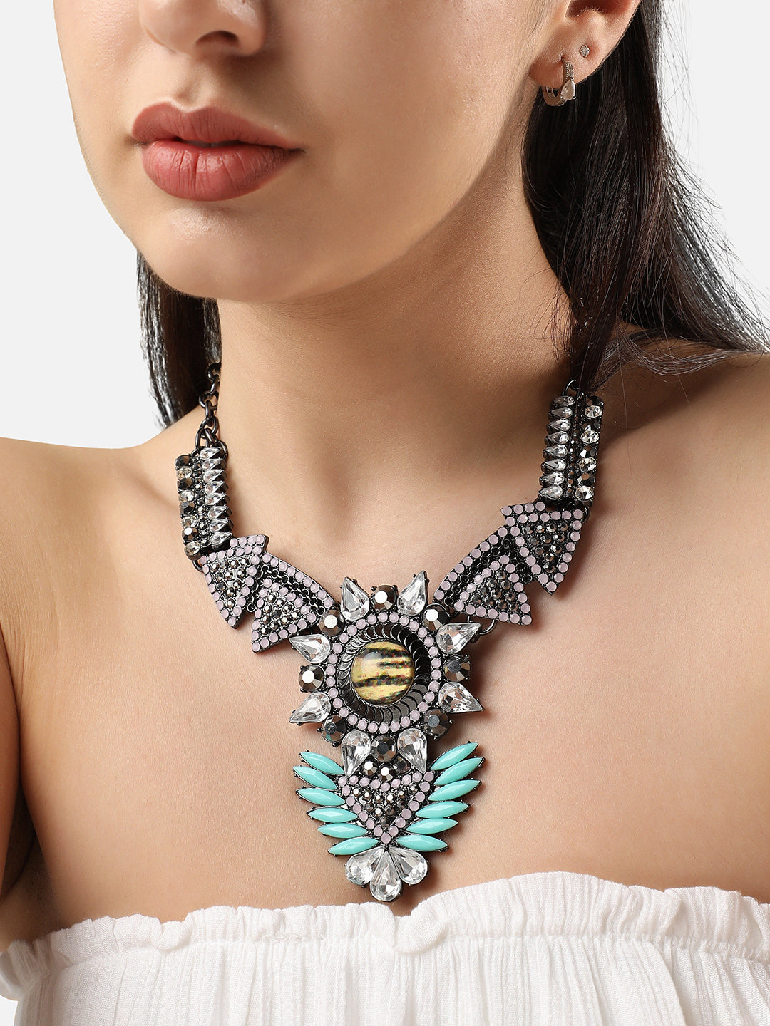Women Blue chrome plated statement necklace