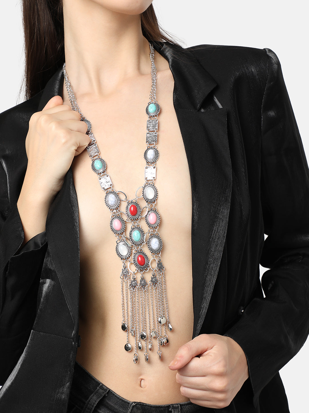 Women Silver Plated Designer Stone Party Necklace