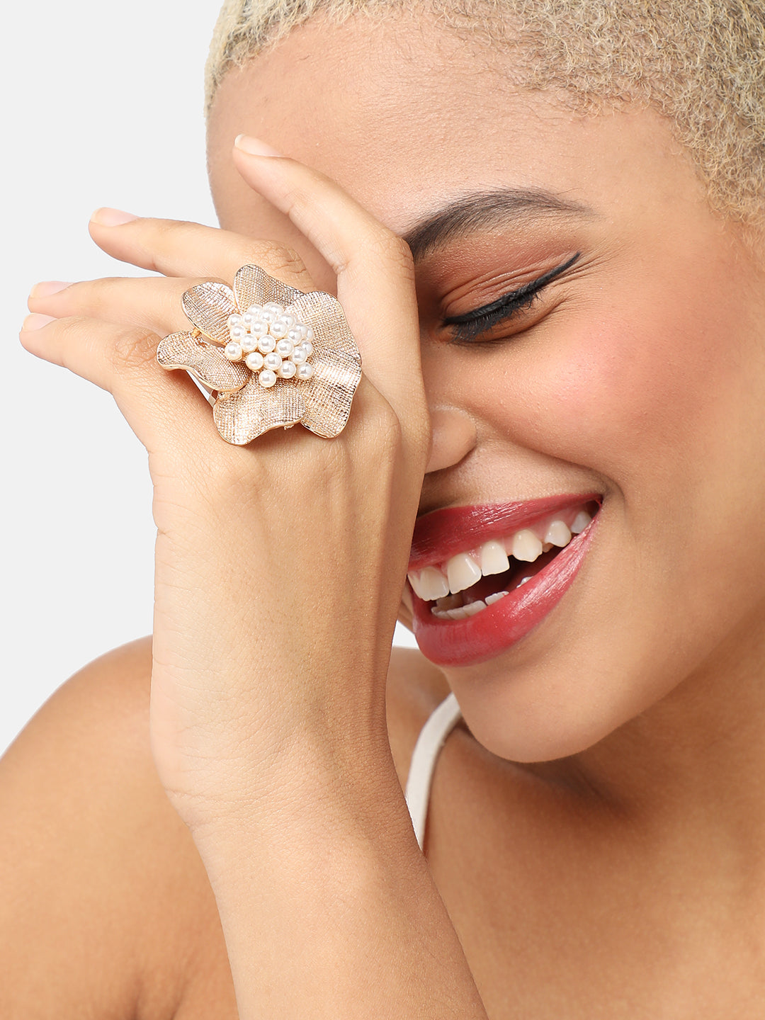 Women Plated Pearls Studded Finger Ring
