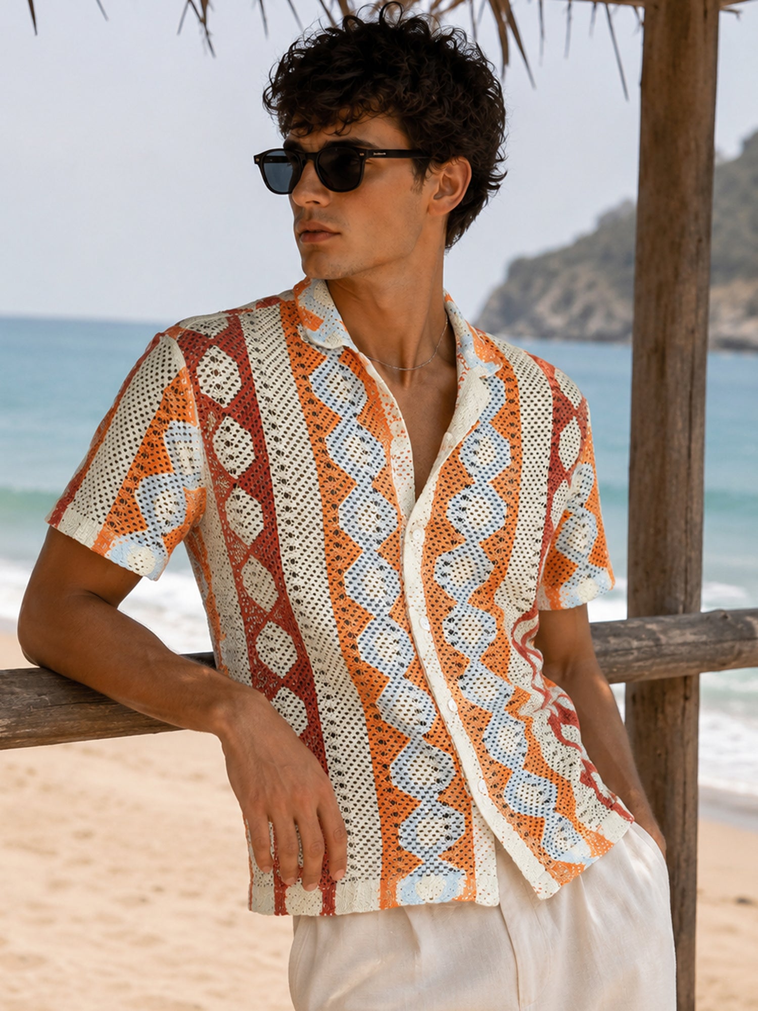 Men Off-White Geometric Half Sleeve Casual Shirt