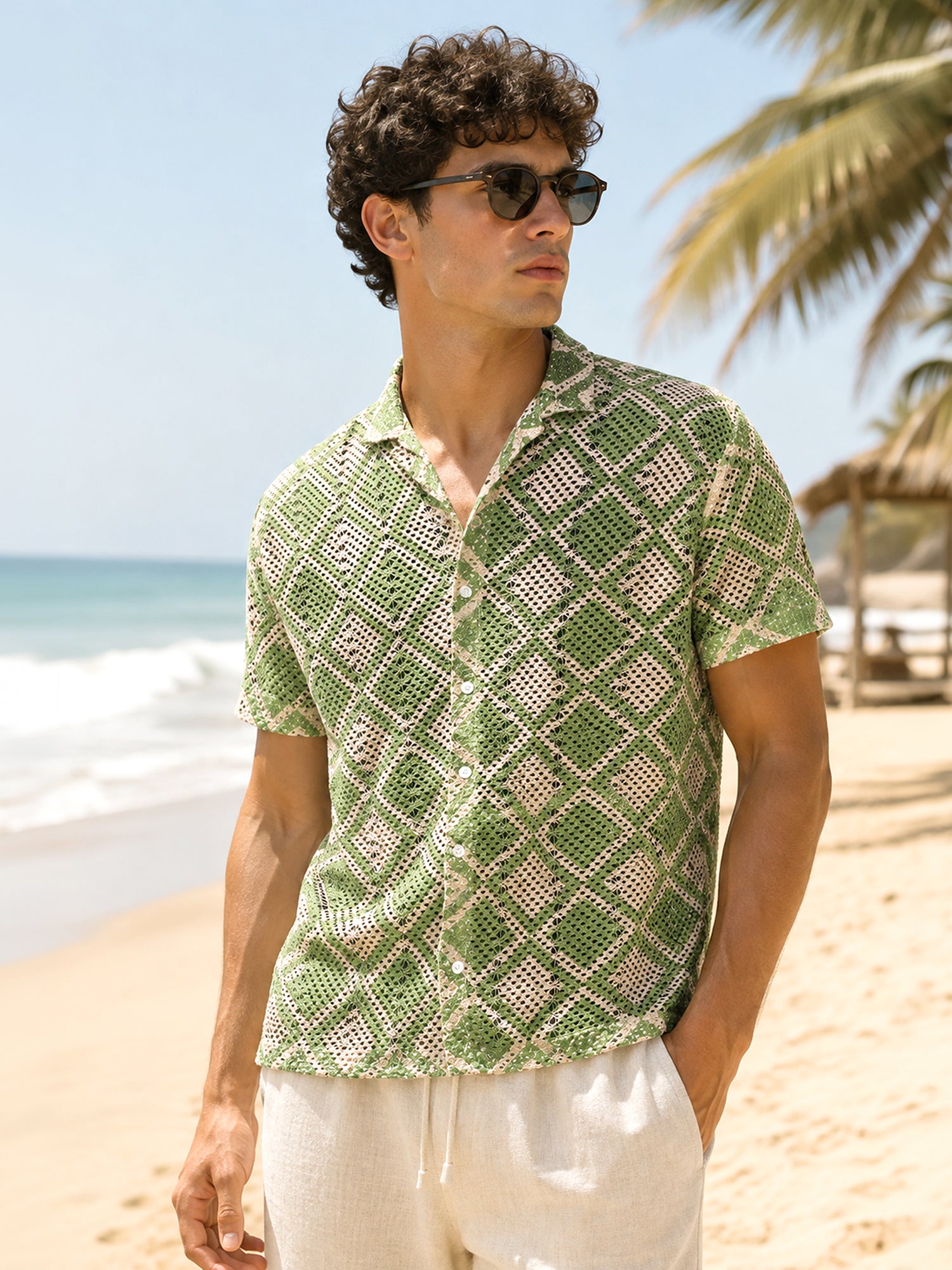 Men Green Checked Relaxed Resort Shirt