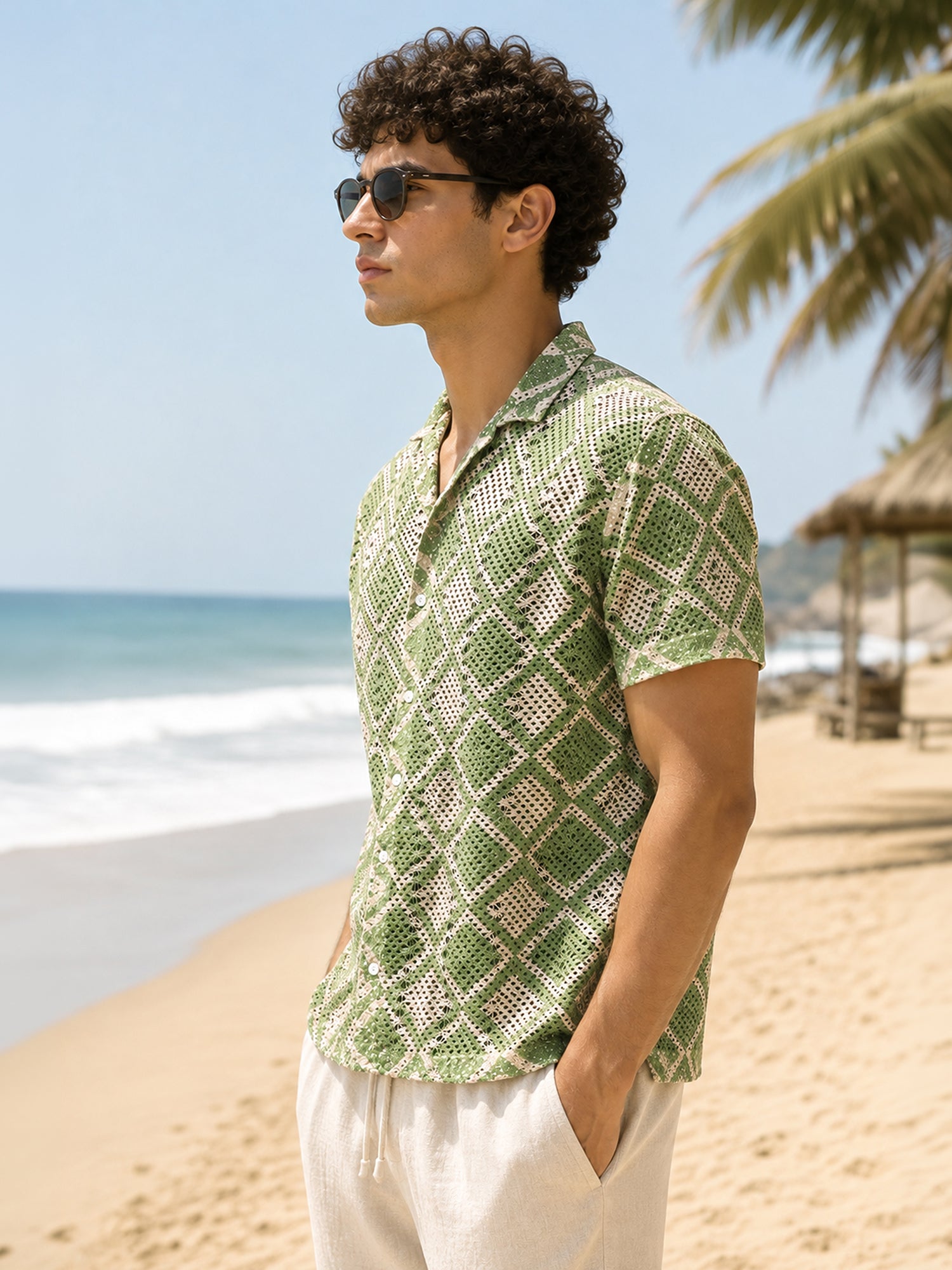 Men Green Checked Relaxed Resort Shirt