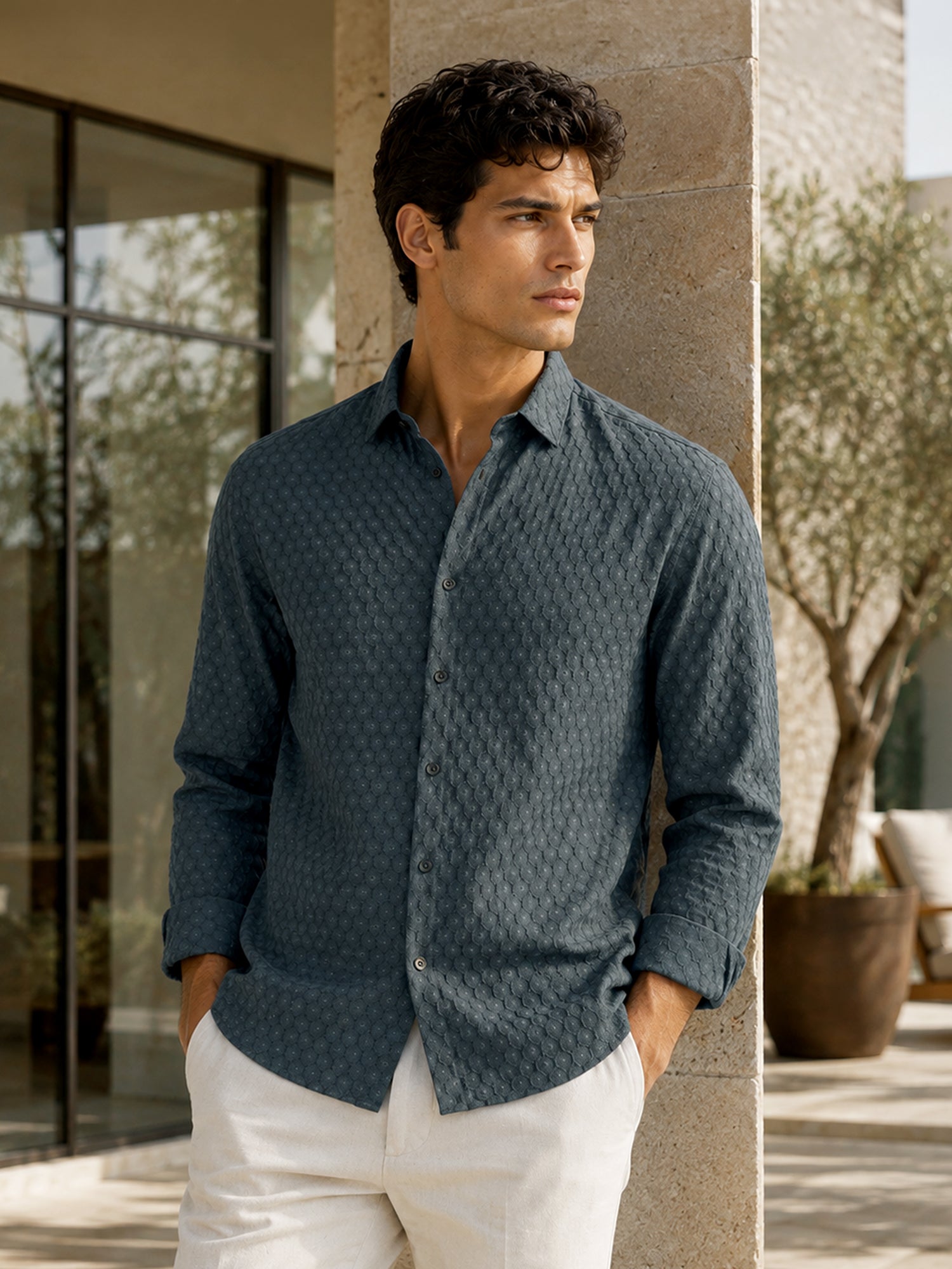 Men Dark Grey Self-Design Full Sleeve Casual Shirt
