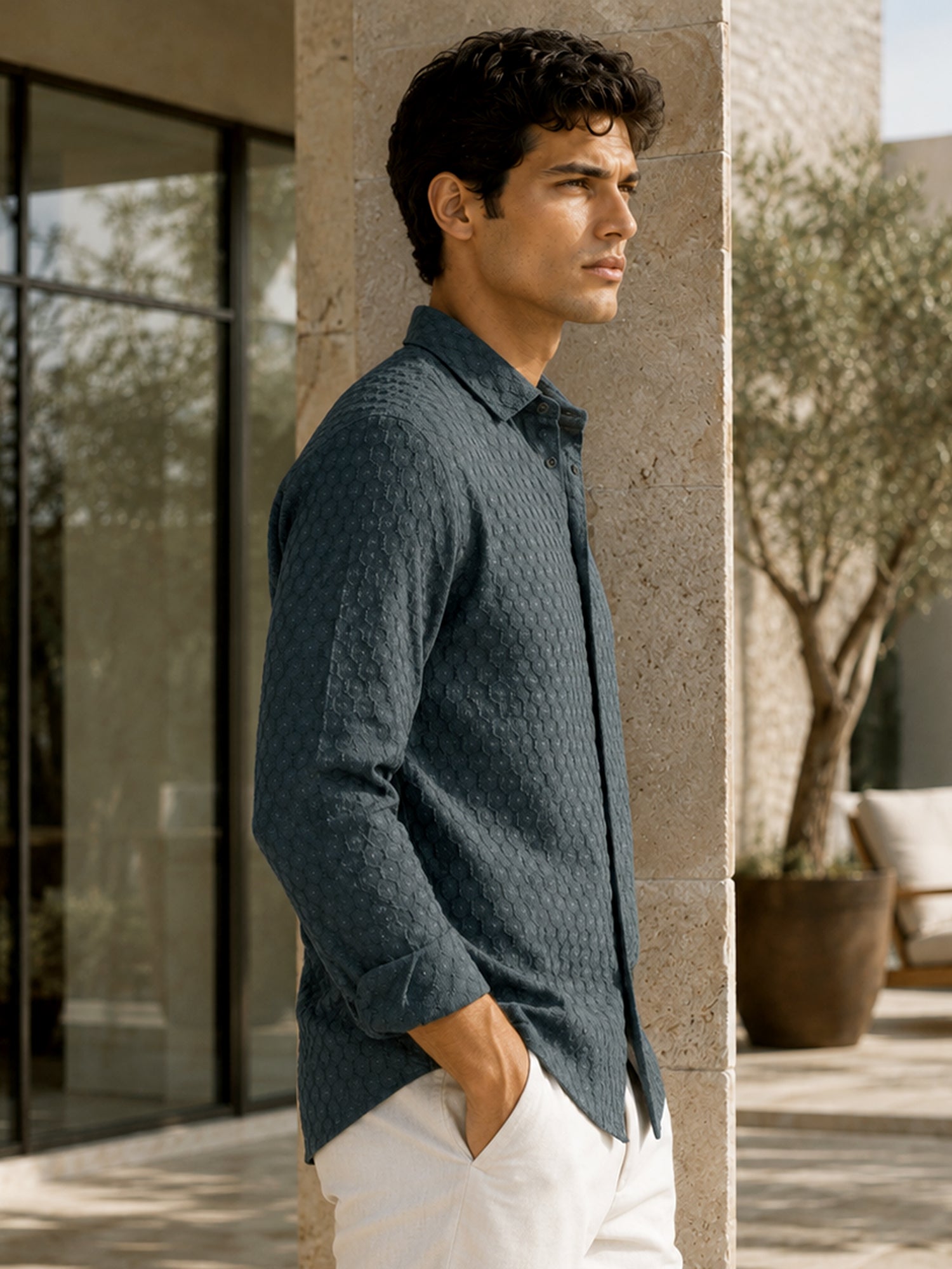Men Dark Grey Self-Design Full Sleeve Casual Shirt